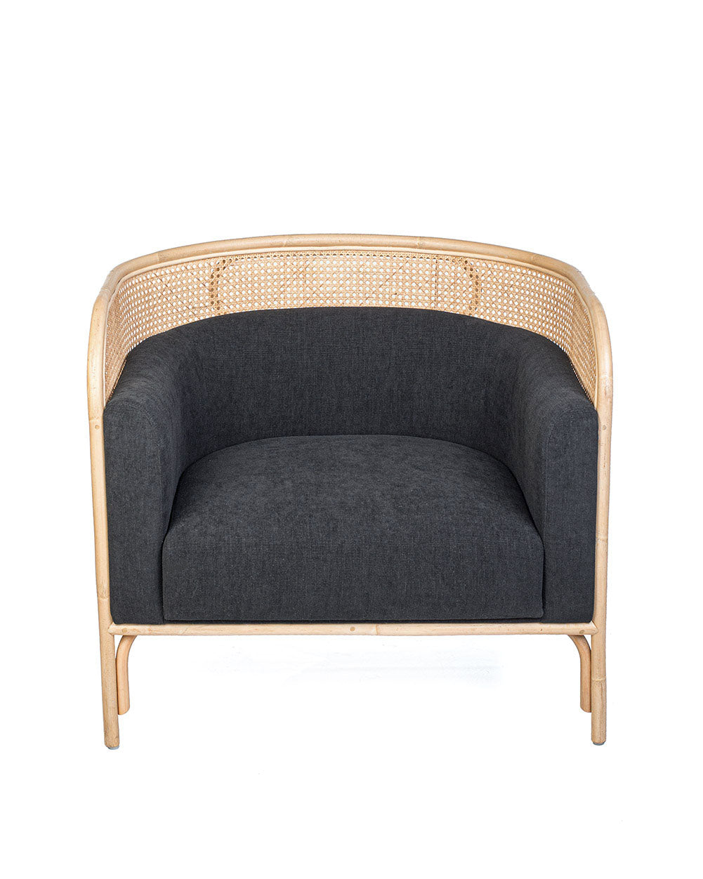 A contemporary style solo sofa with a black cushioned seat and backrest, made of rattan.