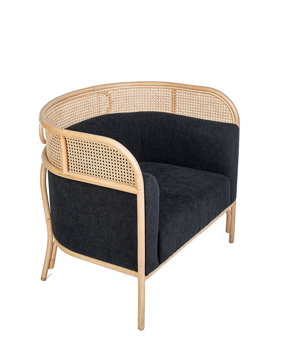 A contemporary style solo sofa with a black cushioned seat and backrest, made of rattan.