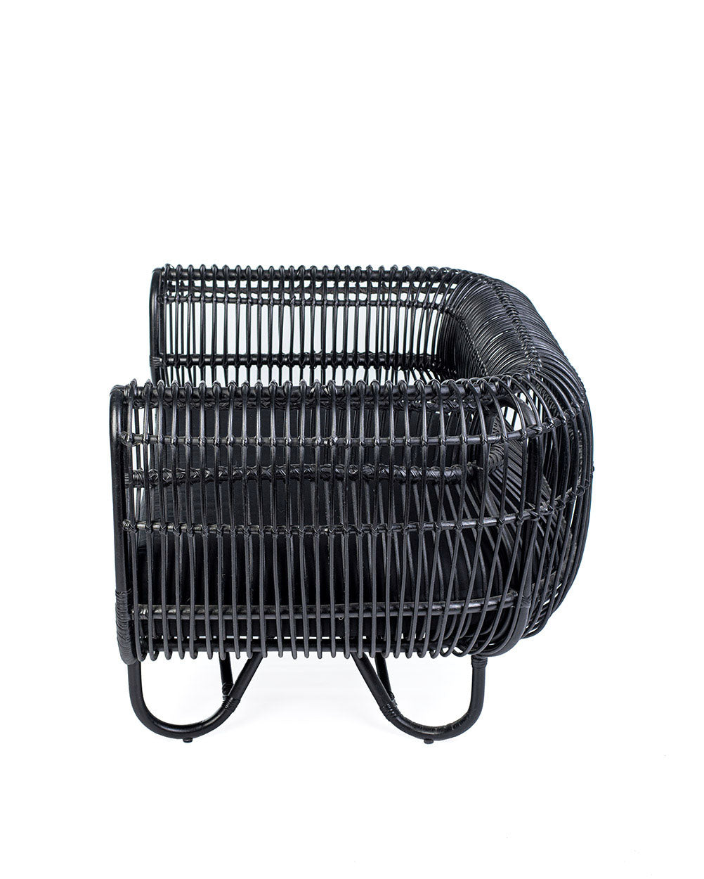 A black rattan solo sofa with a cushion on a white background, showcasing a woven design and a sleek modern look.