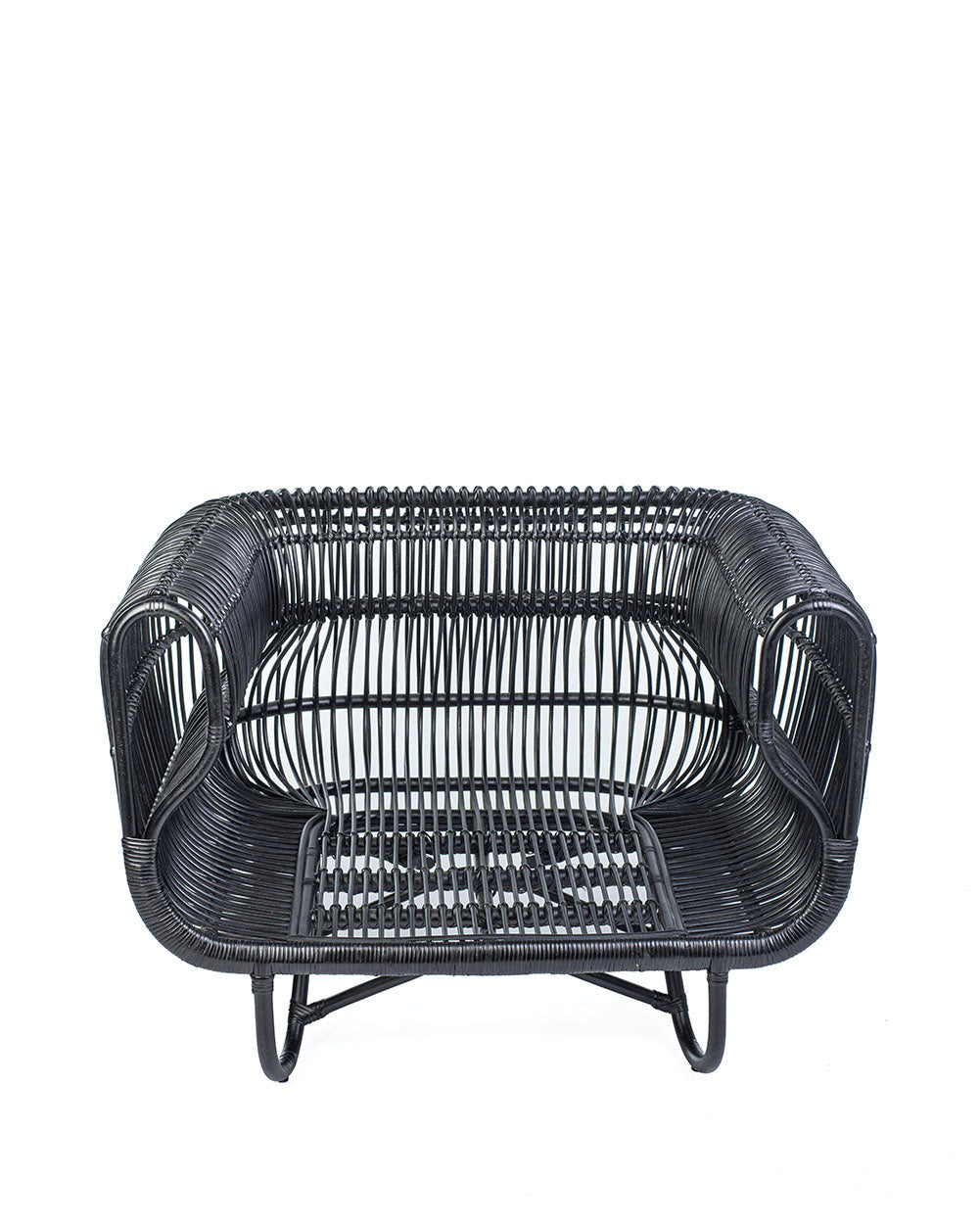 A black rattan solo sofa with a cushion on a white background, showcasing a woven design and a sleek modern look.