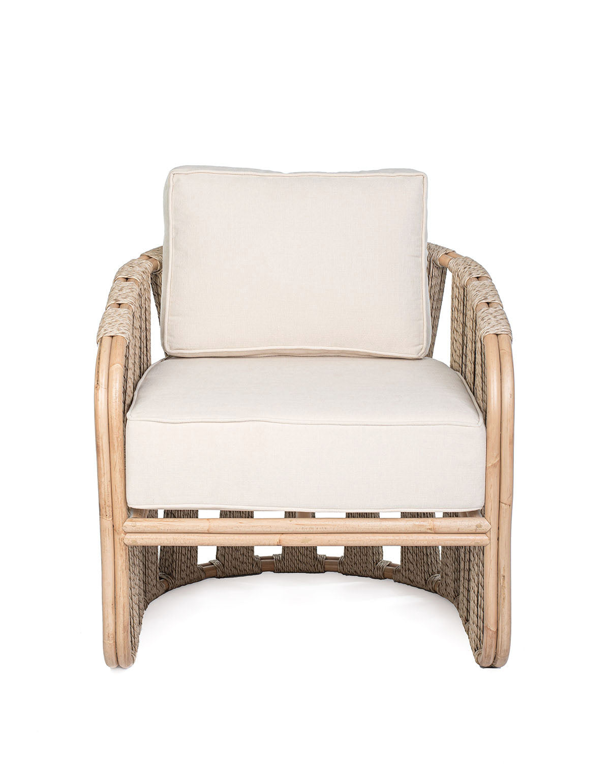 A beige Rattan Solo Sofa with a woven rope design and white textile pillows.