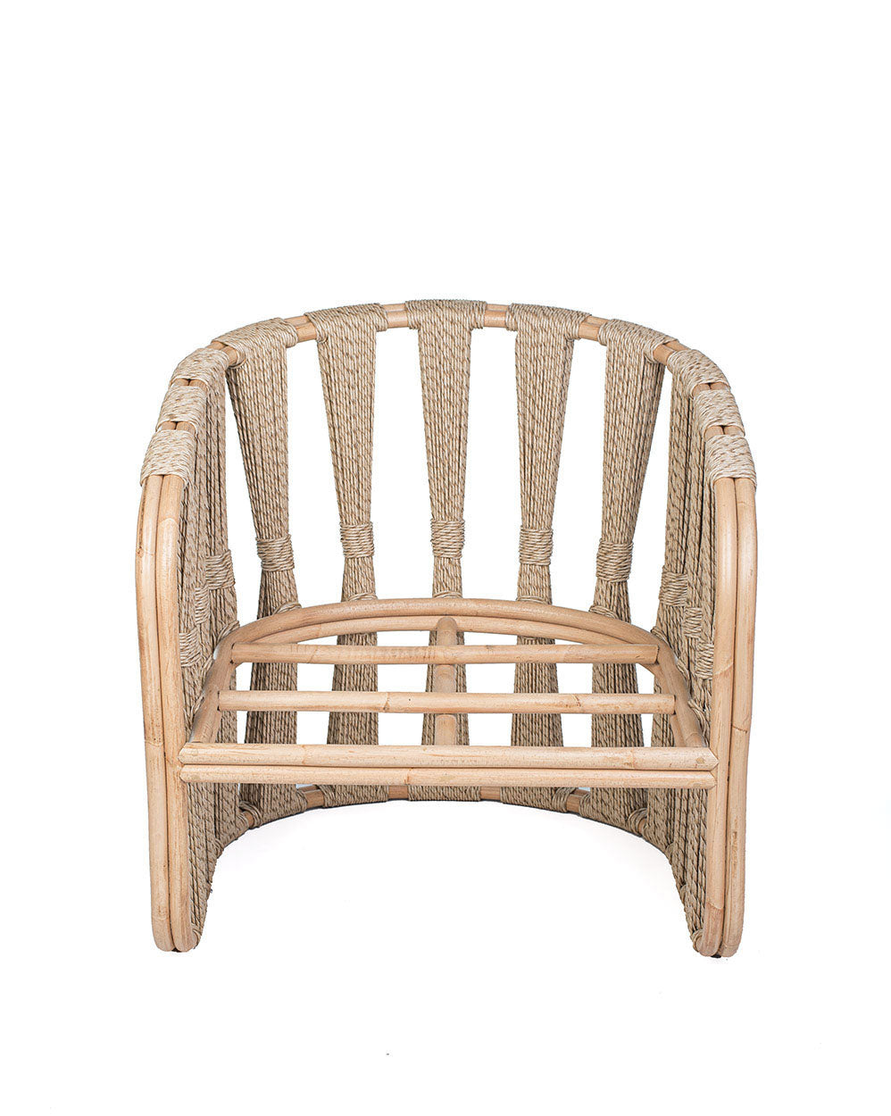 A beige Rattan Solo Sofa with a woven rope design and white textile pillows.