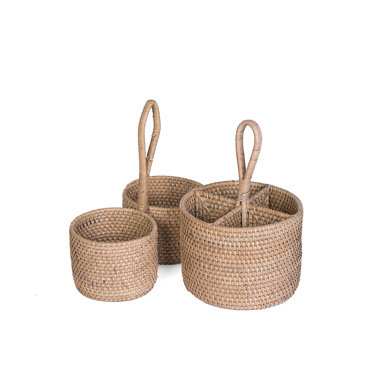 A natural color rattan cutlery holders with a handle, featuring an intricate woven design.