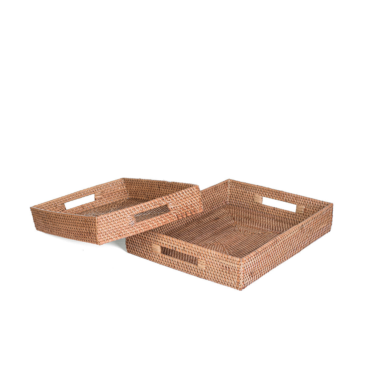 Two rectangular rattan trays, one larger than the other, with a patterned weave design in natural color.