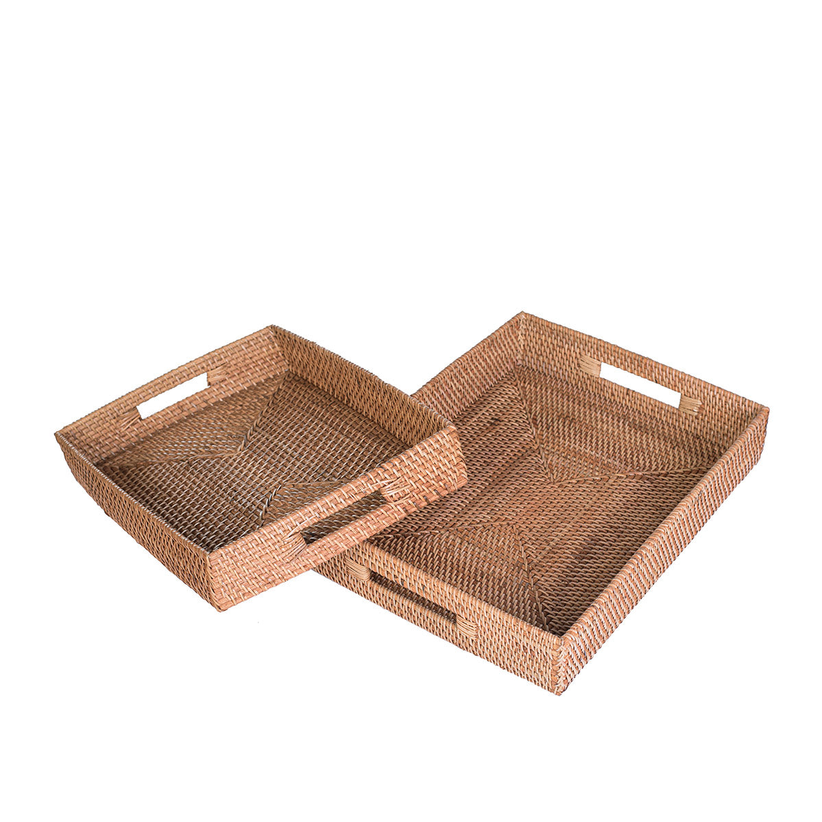 Two rectangular rattan trays, one larger than the other, with a patterned weave design in natural color.