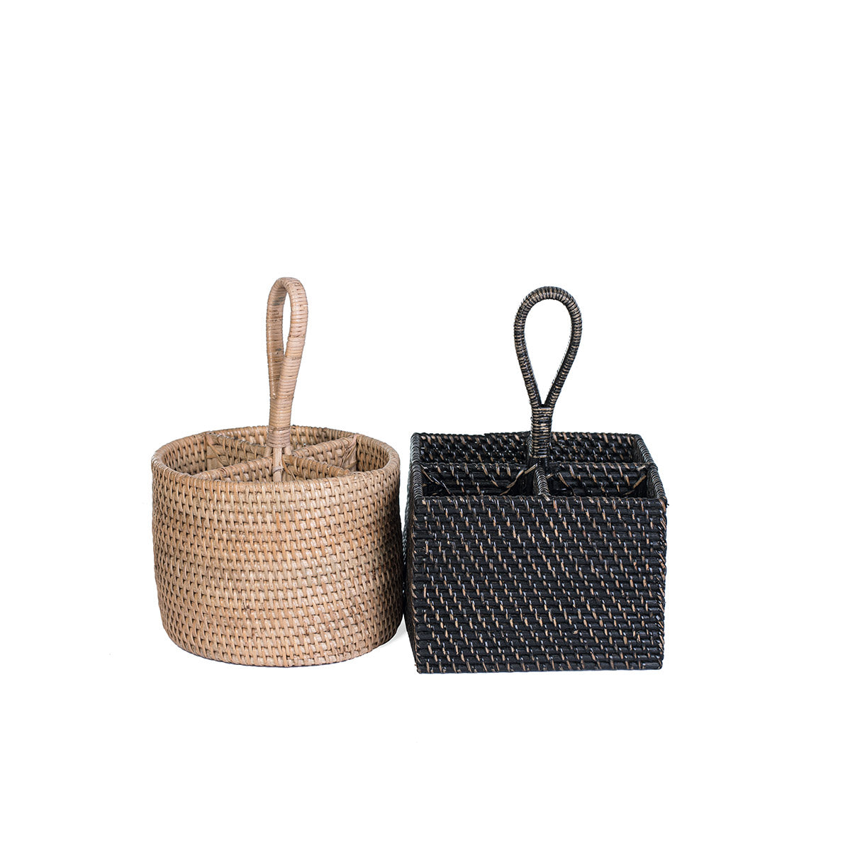 Black and natural color round and square rattan spoon holders with a handle, handcrafted with intricate weaving techniques.
