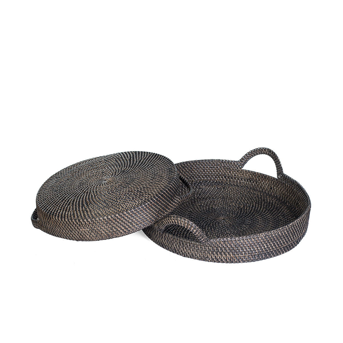 Two round rattan trays, one larger than the other, with a patterned weave design in black color.