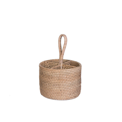A round, natural color rattan spoon holder with a handle, handcrafted with intricate weaving techniques.