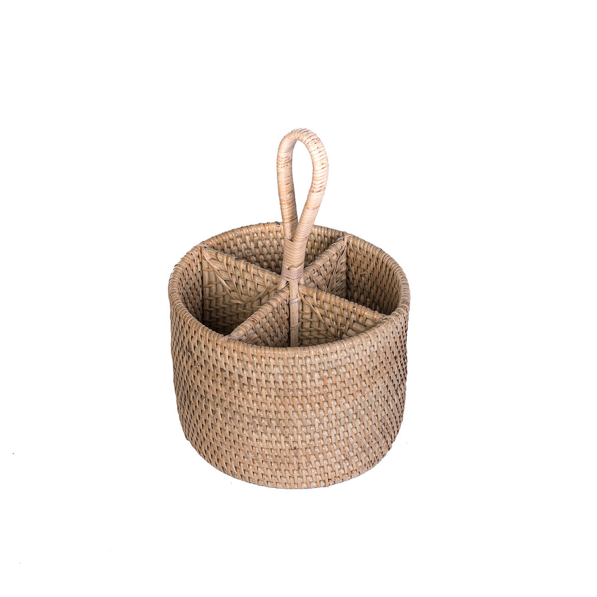 A round, natural color rattan spoon holder with a handle, handcrafted with intricate weaving techniques.