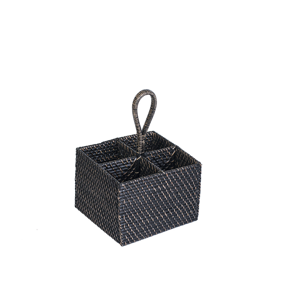 A black rattan spoon holder with a square shape and a handle on top, against a white background.