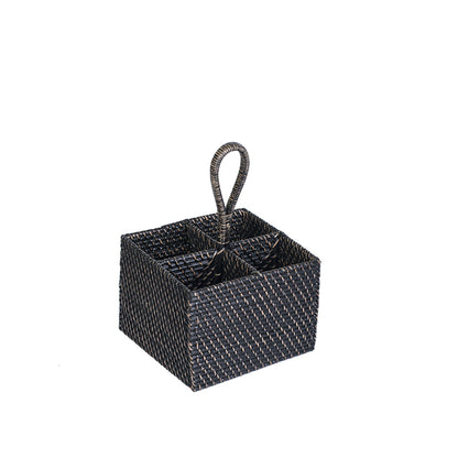 A black rattan spoon holder with a square shape and a handle on top, against a white background.