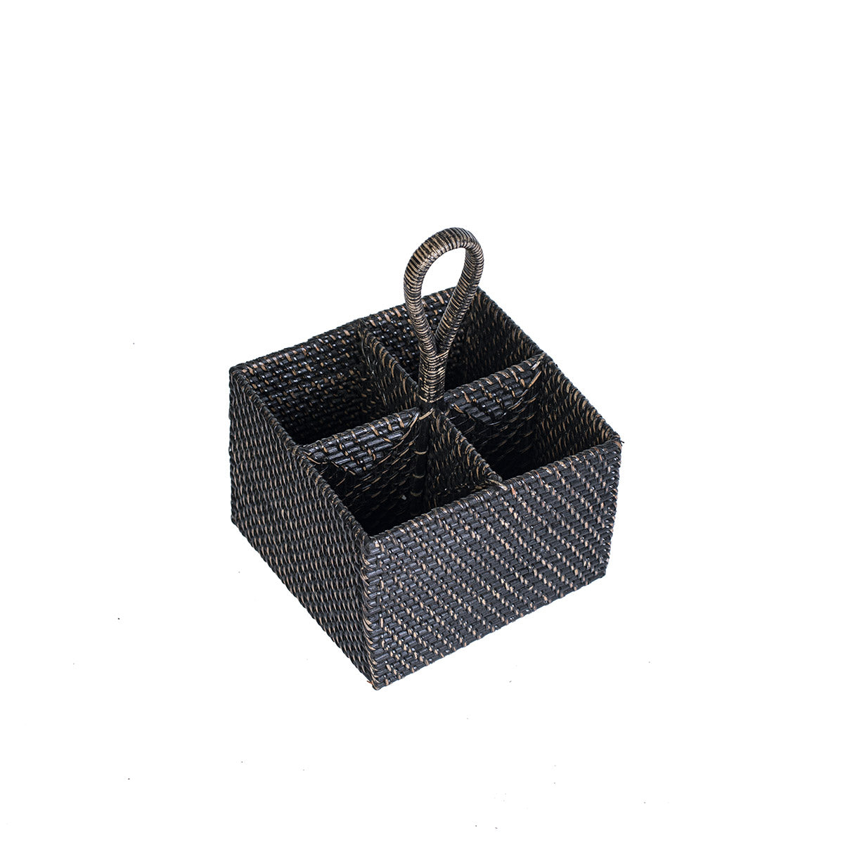 A black rattan spoon holder with a square shape and a handle on top, against a white background.