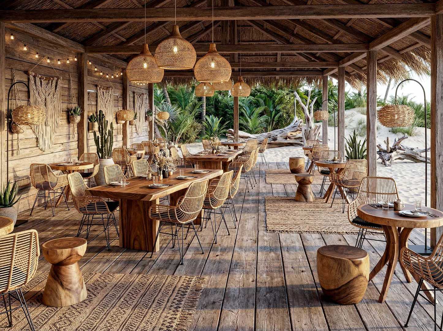 Wooden deck with tables and chairs, surrounded by natural elements and plants.