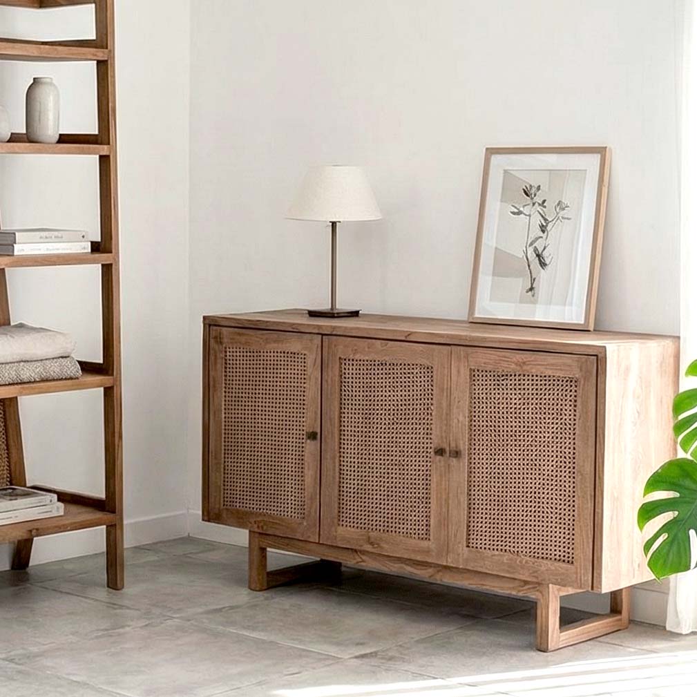 CHAKKI Teak & Rattan Cabinet 3 Doors | Handcrafted Storage Solution