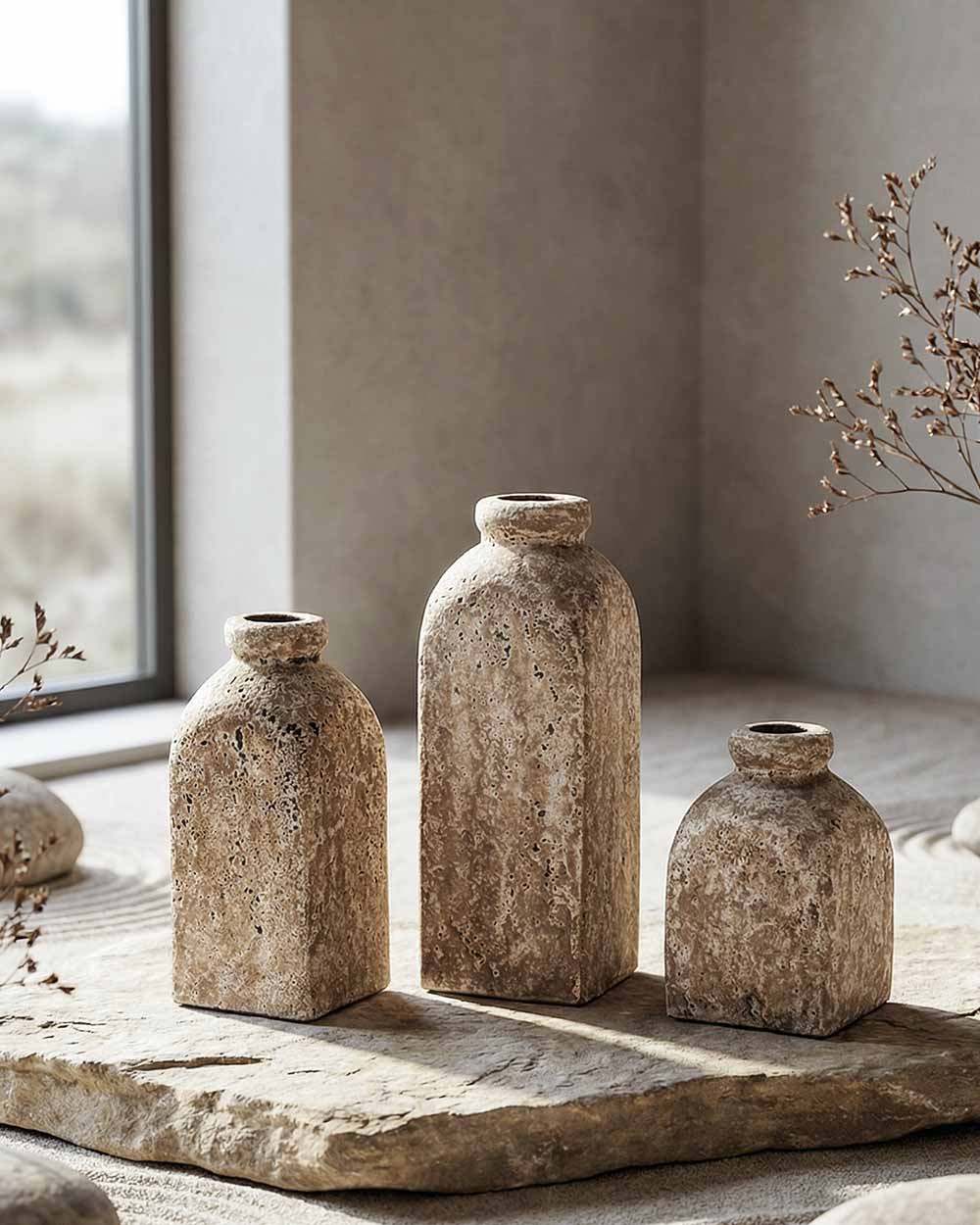 ANTIQUE Sand Ceramic Vase Set 3 Pieces | Handcrafted Rustic Decor