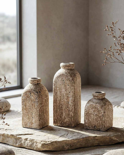 ANTIQUE Sand Ceramic Vase Set 3 Pieces | Handcrafted Rustic Decor