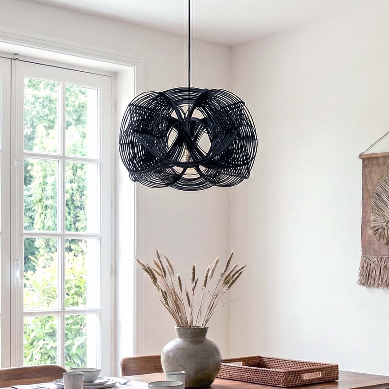 WAVE Rattan Pendant Lamp Black 50x30 cm | Handwoven Accent Lamp