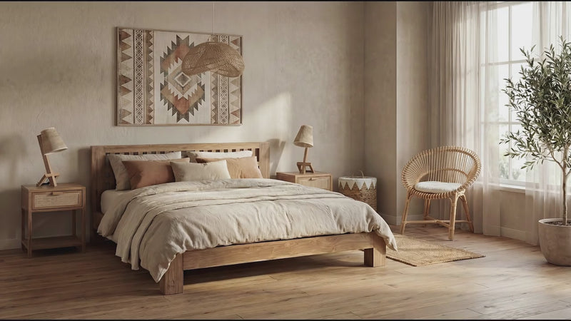 Bedroom with wooden bed frame, cotton linen,  two nightstands with table lamps, one lounge chair, decorative rattan basket. Beige walls with wooden floor. 