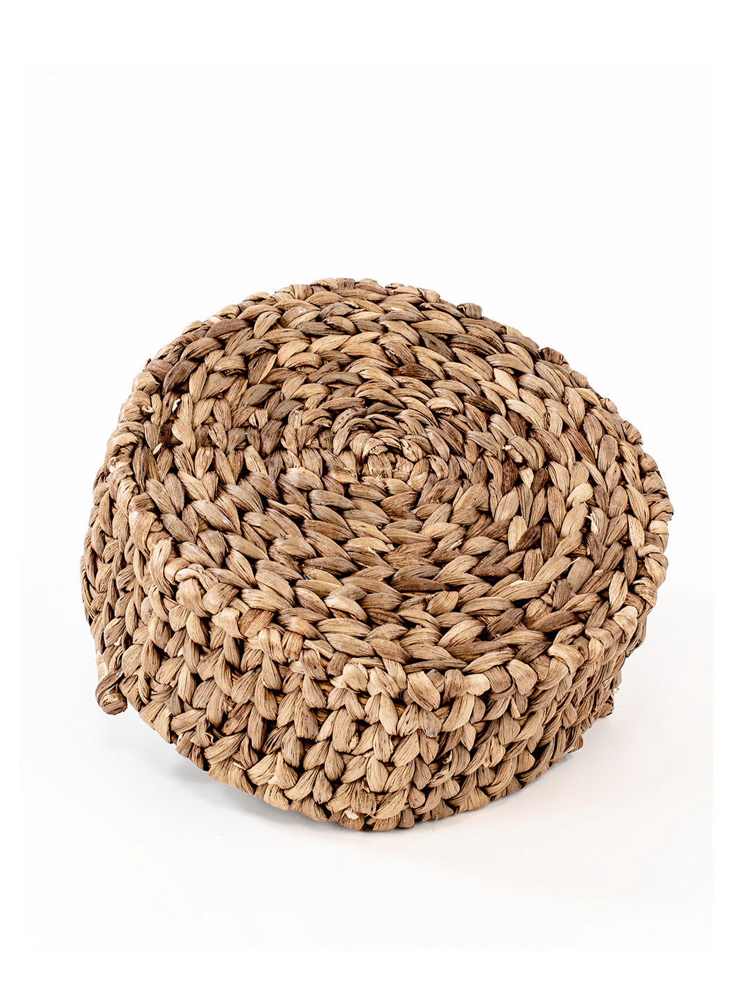 A hand woven natural water hyacinth basket with a open circular shape, featuring a richly textured and colored natural material, suitable for storing everyday items.