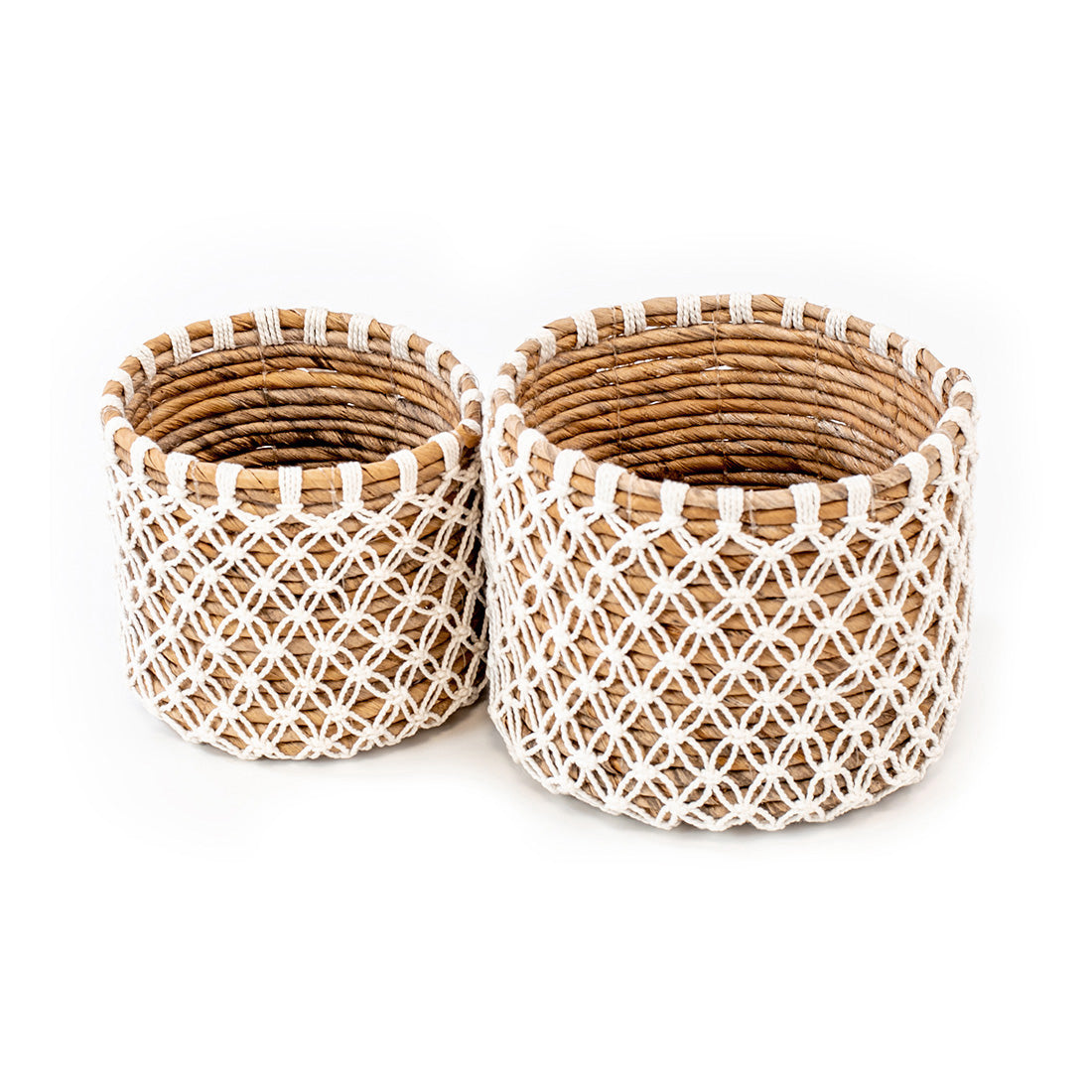 Two woven small baskets handcrafted from banana leafs and macrame. 