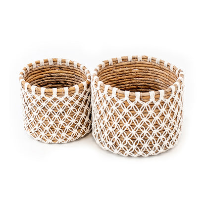 Two woven small baskets handcrafted from banana leafs and macrame. 