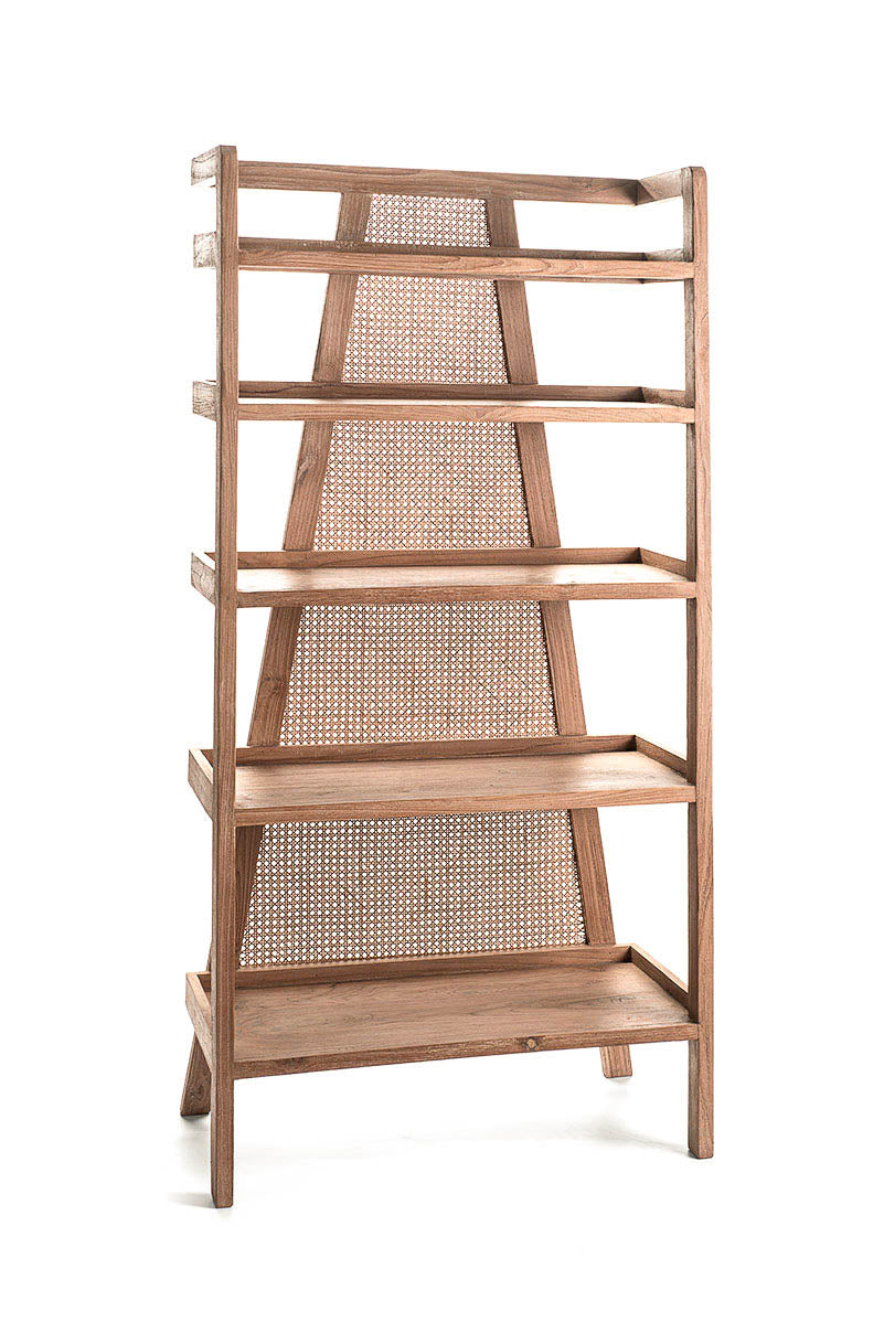 A free-standing bookshelf made of teak wood with rattan back panels, featuring five shelves.