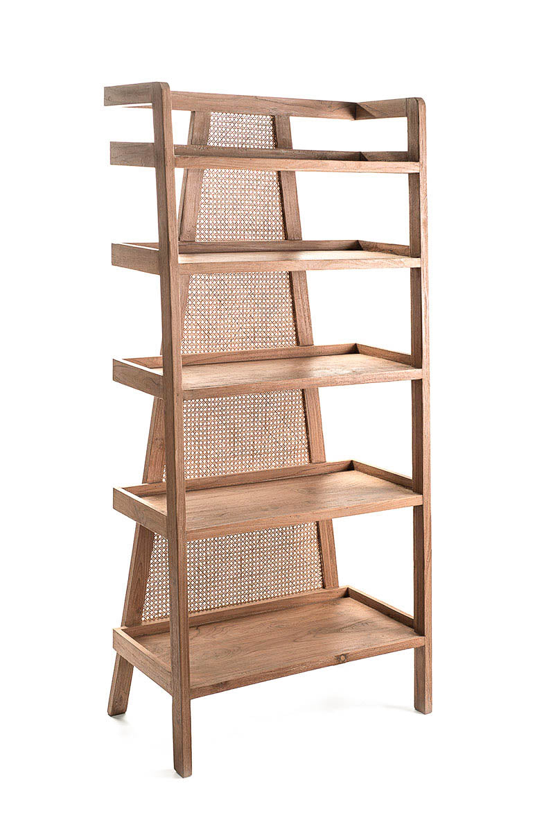 A free-standing bookshelf made of teak wood with rattan back panels, featuring five shelves.
