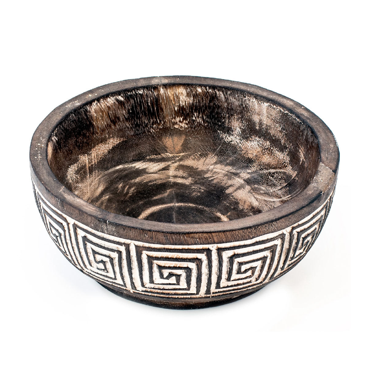 A hand-carved wooden bowl with geometric patterns, primarily in brown color with white accents.