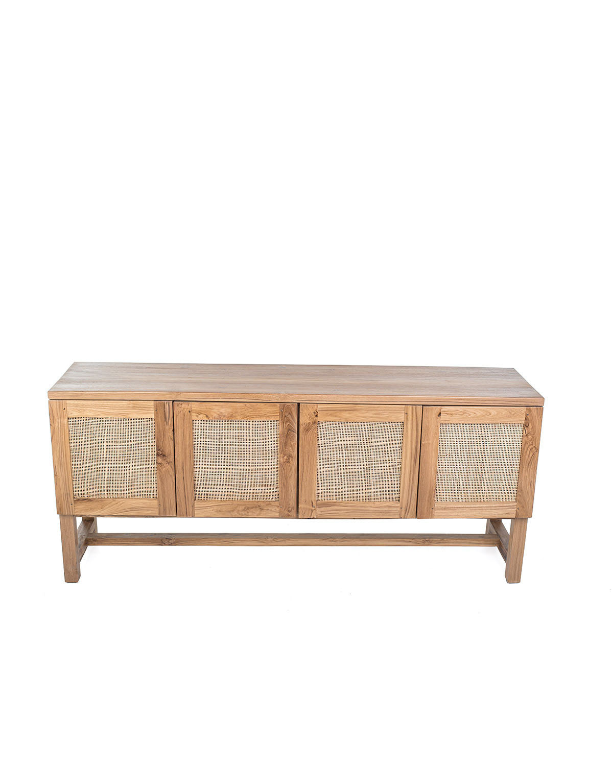 A TV cabinet with four doors, featuring a combination of teak wood and rattan material.