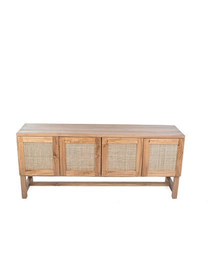 A TV cabinet with four doors, featuring a combination of teak wood and rattan material.