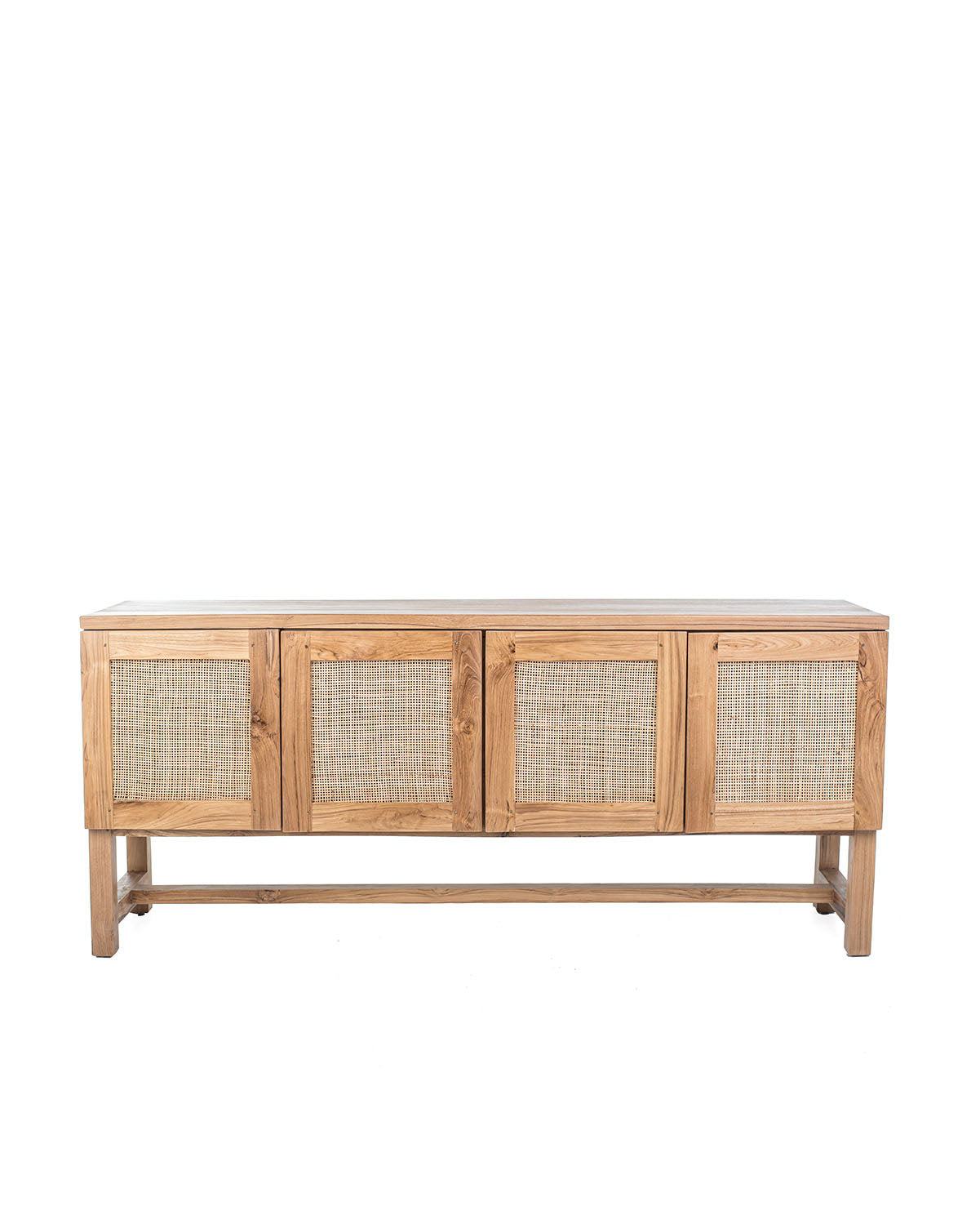 A TV cabinet with four doors, featuring a combination of teak wood and rattan material.