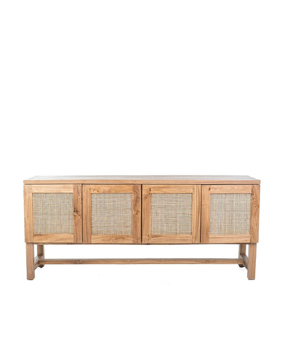 A TV cabinet with four doors, featuring a combination of teak wood and rattan material.
