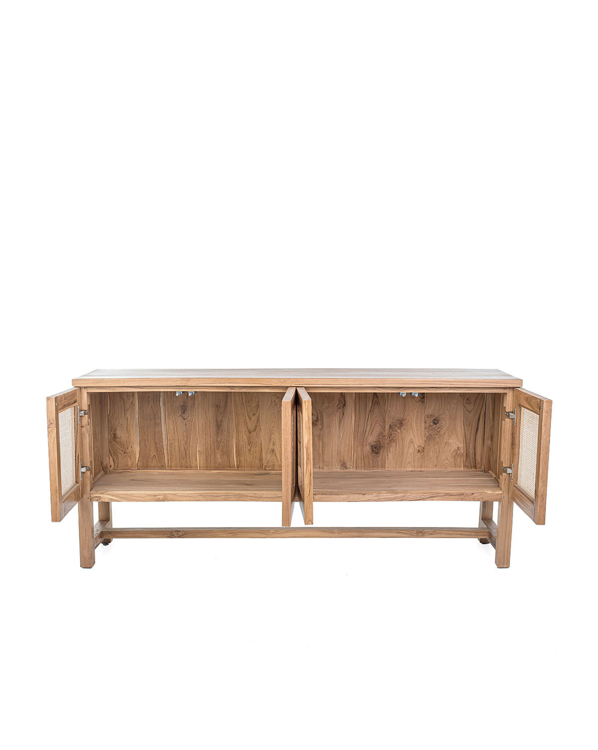 A TV cabinet with four doors, featuring a combination of teak wood and rattan material.