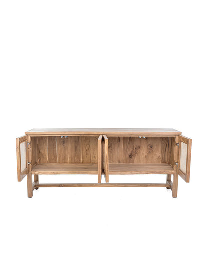 A TV cabinet with four doors, featuring a combination of teak wood and rattan material.