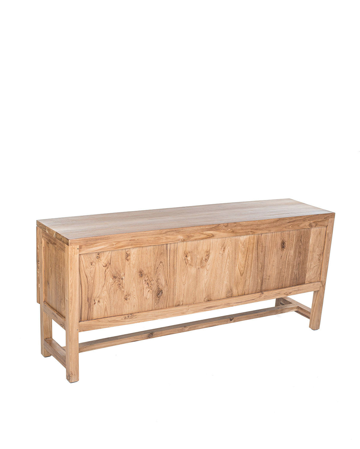 A TV cabinet with four doors, featuring a combination of teak wood and rattan material.