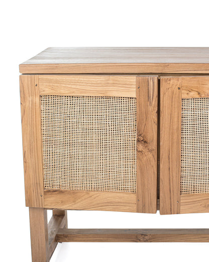 A TV cabinet with four doors, featuring a combination of teak wood and rattan material.