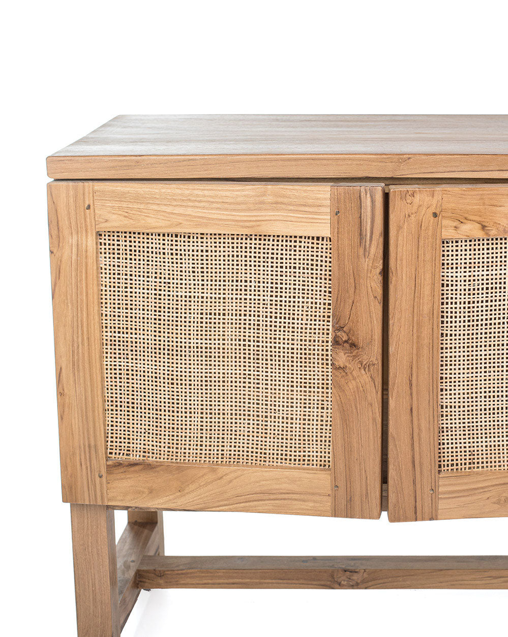 A TV cabinet with four doors, featuring a combination of teak wood and rattan material.