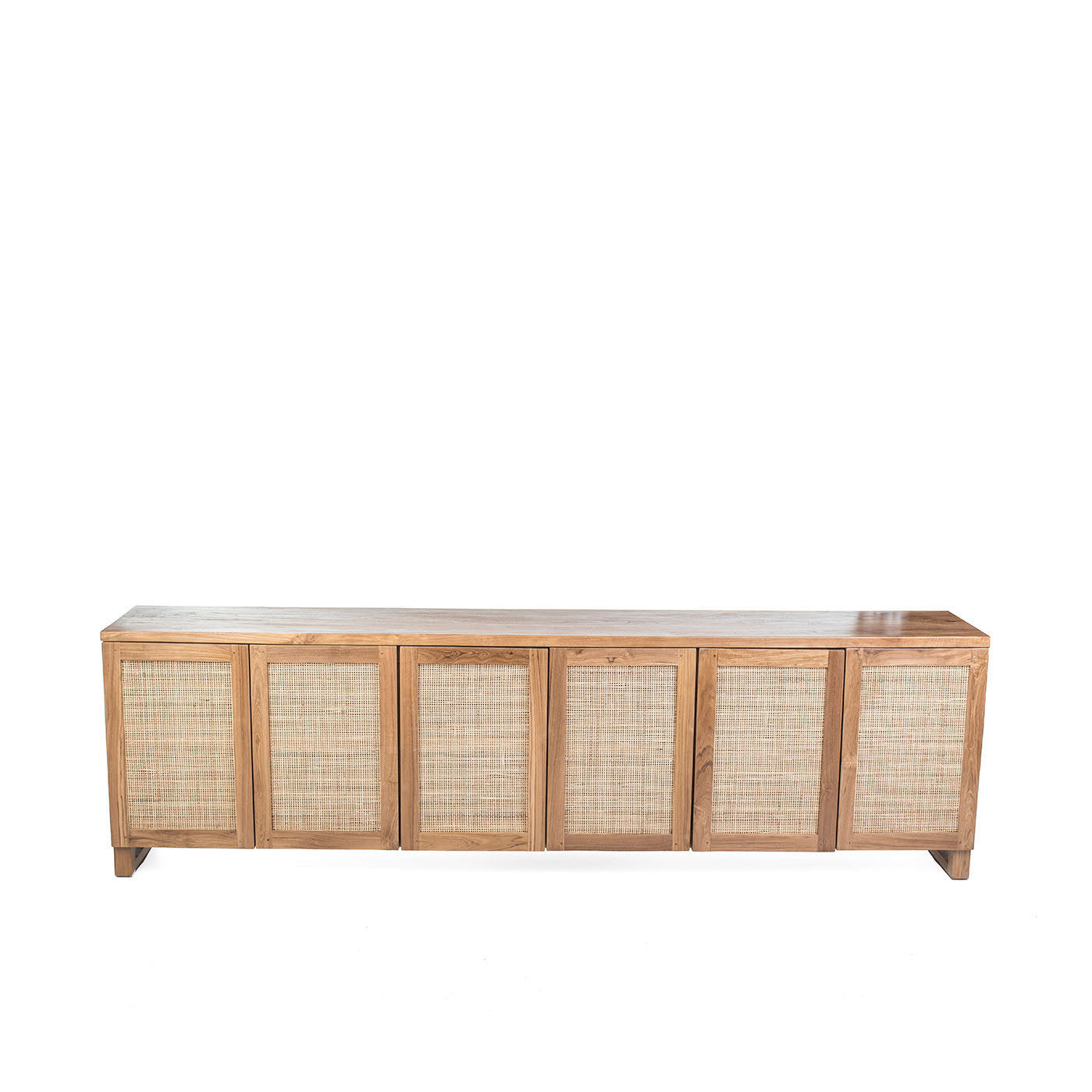 A long console sideboard with six doors, featuring a combination of wood panels and rattan weaving.