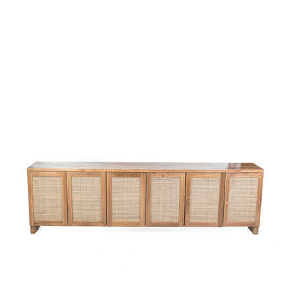A long console sideboard with six doors, featuring a combination of wood panels and rattan weaving.
