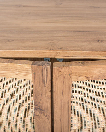 A TV cabinet with 6 doors, featuring a combination of teak wood and rattan material.