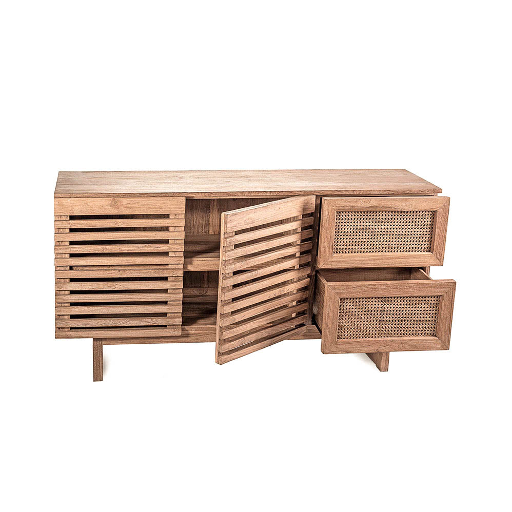 A wooden TV cabinet with rattan drawers, featuring a natural color and an ethnic design.