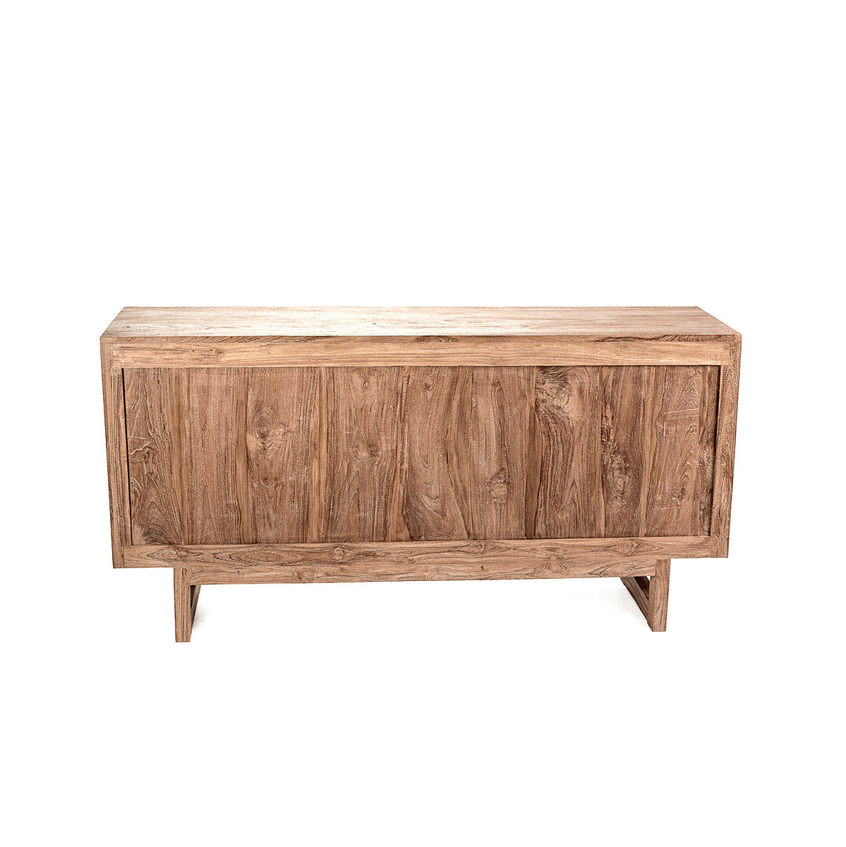 A wooden TV cabinet with rattan drawers, featuring a natural color and an ethnic design, backside view. 