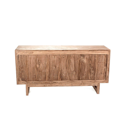 A wooden TV cabinet with rattan drawers, featuring a natural color and an ethnic design, backside view. 