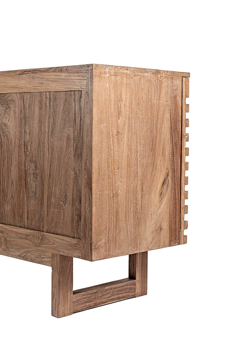 Beckside view of wooden TV cabinet with rattan drawers, featuring a natural color and an ethnic design.