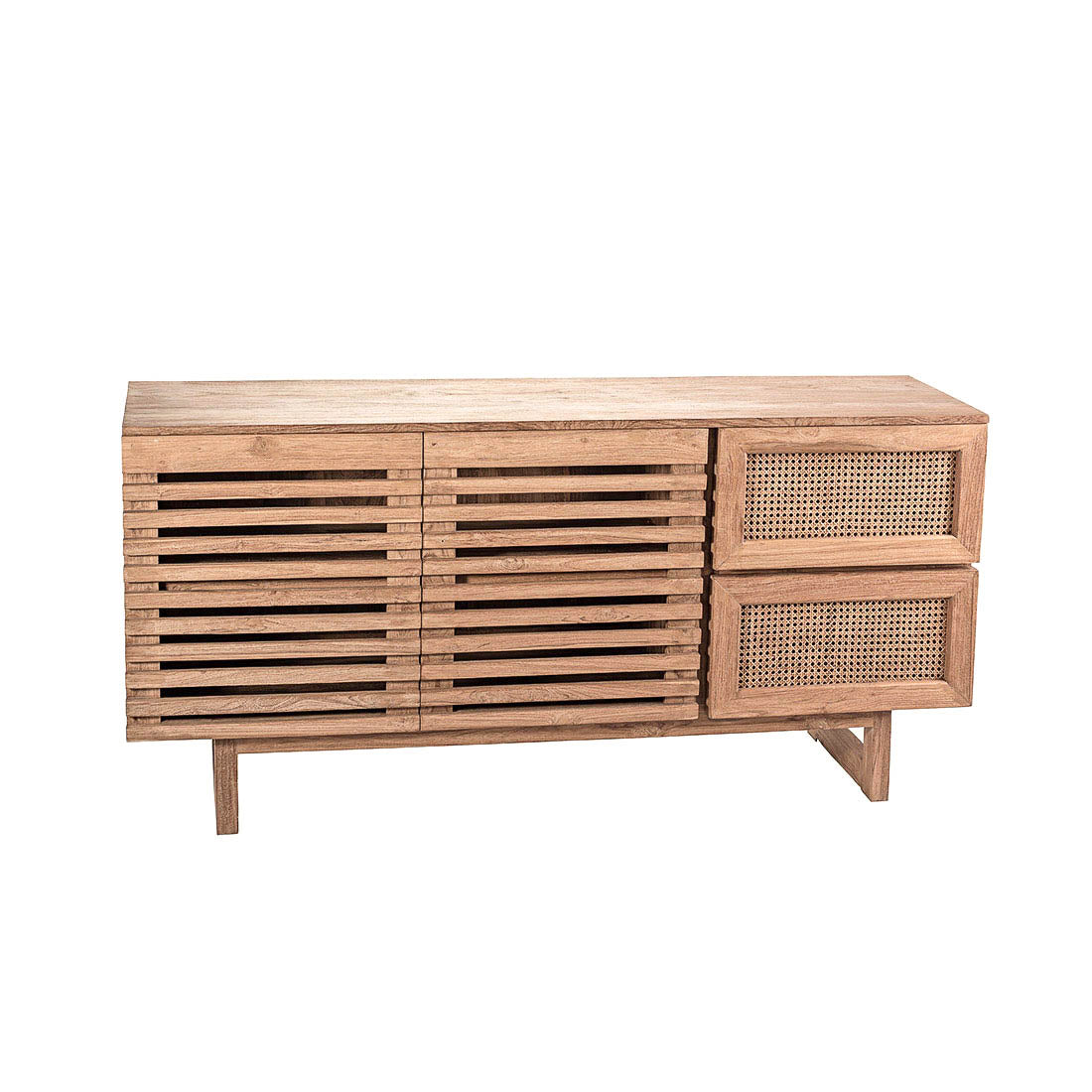A wooden TV cabinet with rattan drawers, featuring a natural color and an ethnic design.