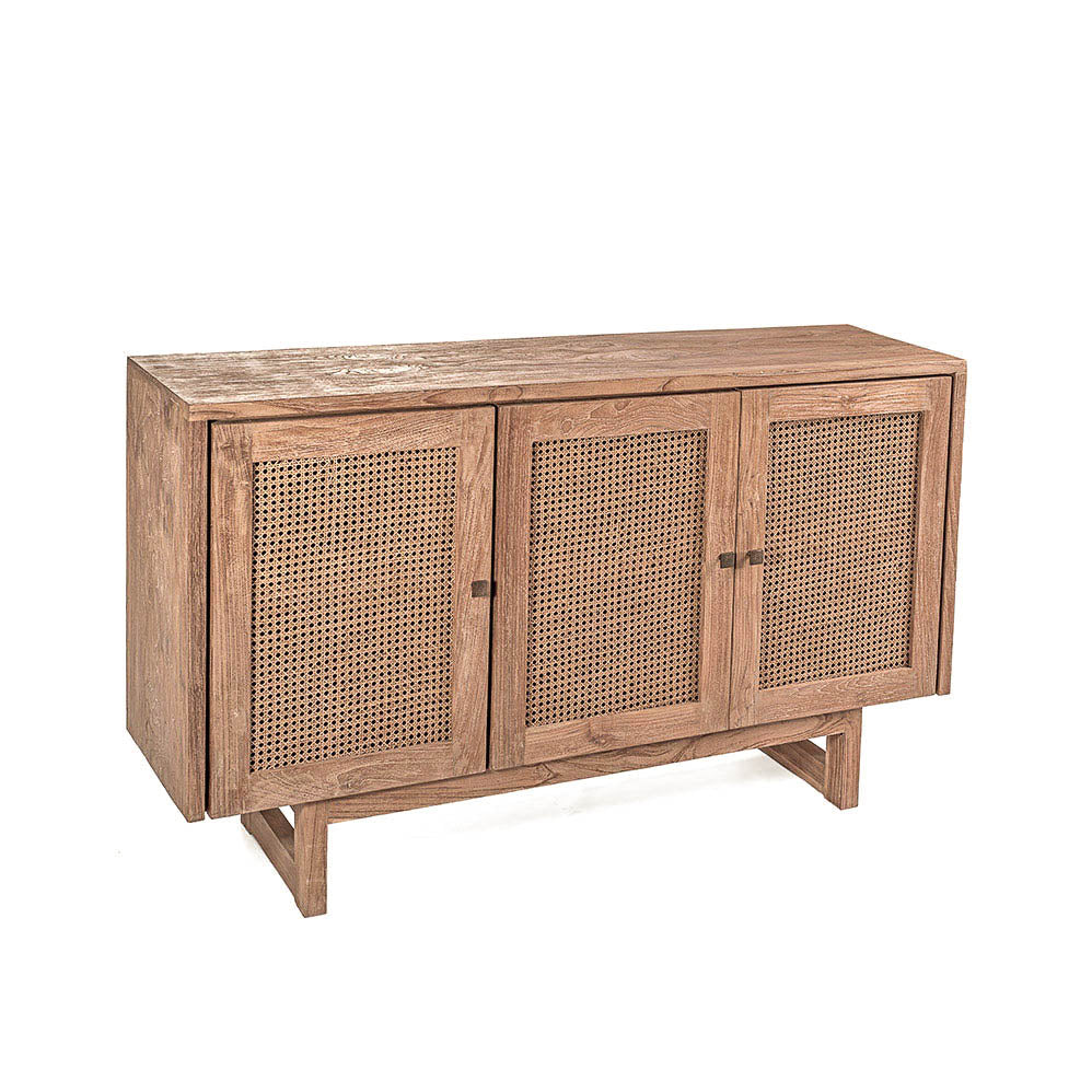 A rectangular teak wood cabinet with natural rattan doors, featuring a flat top and angled design.