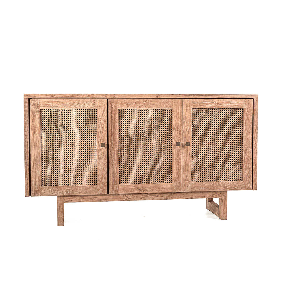 A rectangular teak wood cabinet with natural rattan doors, featuring a flat top and angled design.