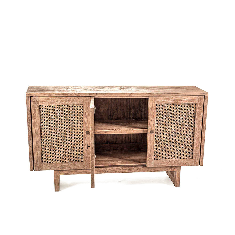 A rectangular teak wood cabinet with natural rattan doors, featuring a flat top and angled design.