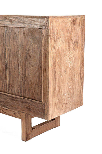 Backside view of a teak wood cabinet  featuring a flat top and angled design.