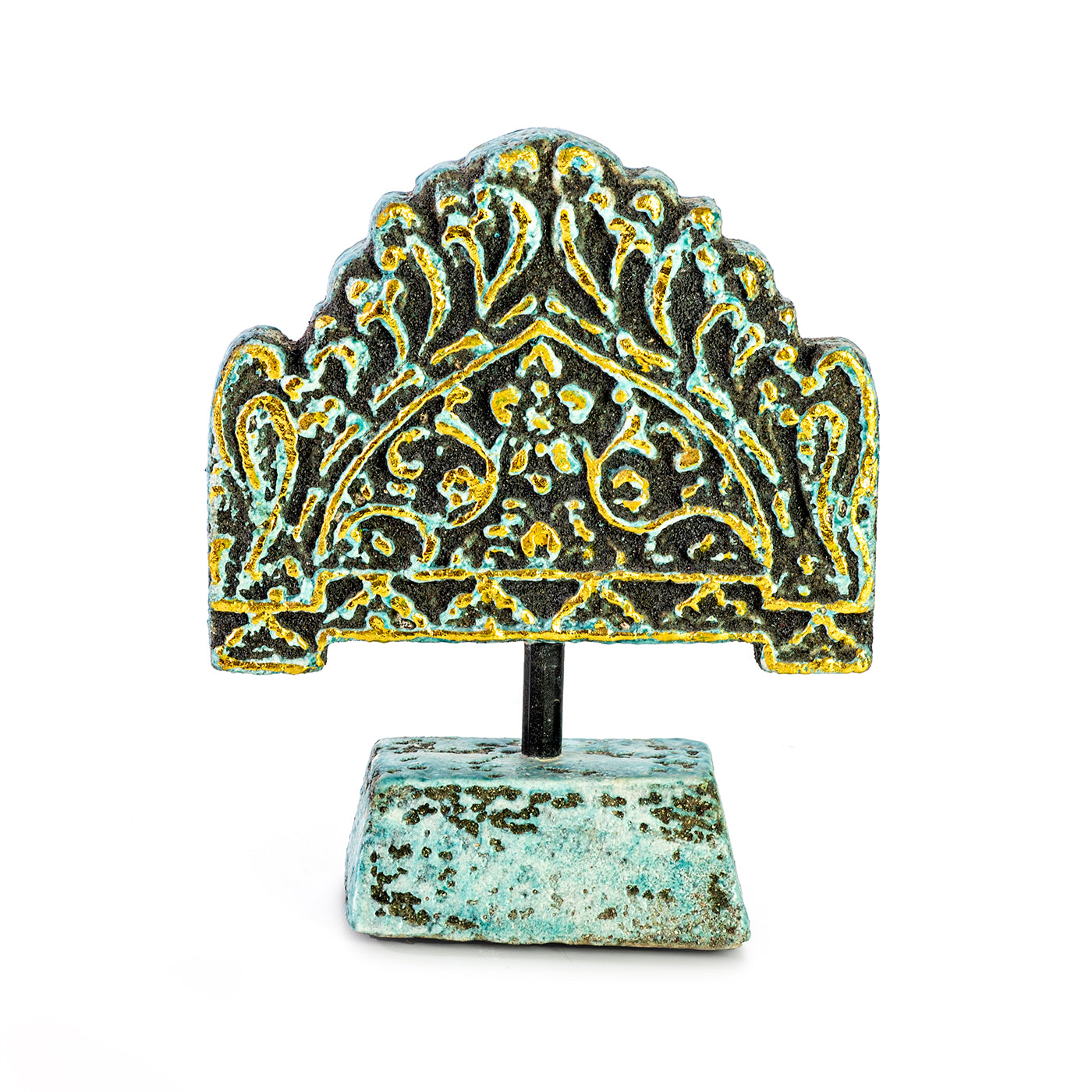 Handmade ceramic decorative piece with geometric antique ethnic motifs in green color with a gold relief, mounted on a flat base.